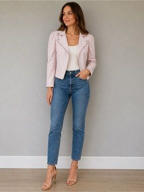 MELISSA NEPTON Pink Moto Jacket Faux Leather Body Cotton Sleeve Cropped XS